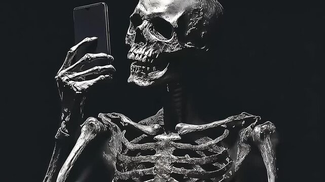 Human skeleton holding a smartphone, bones, black background	