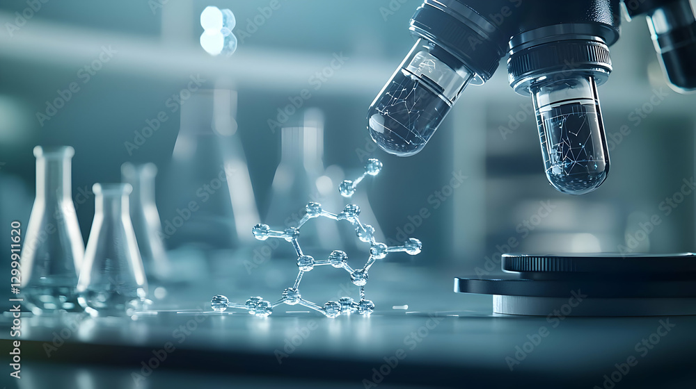 Poster close-up of a microscope in a science lab with molecular structure and laboratory glassware
