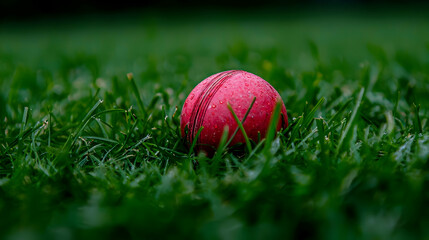 Red Cricket Ball Resting on Green Grass with Water Droplets