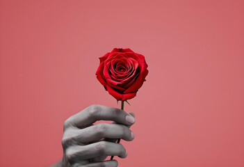 A hand gently holds a single red rose