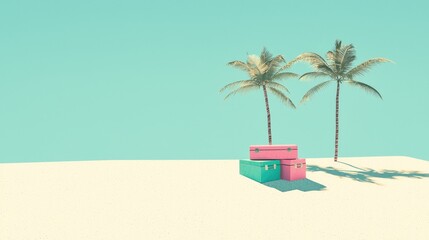 Obraz premium Colorful vintage boxes under palm trees on a serene beach with a clear blue sky