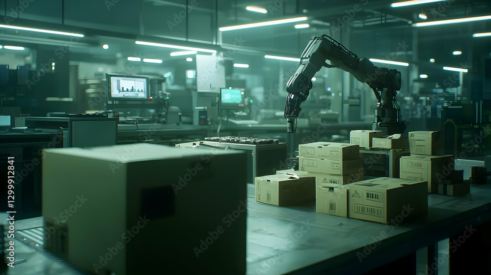 Aufkleber robotic arm stacking cardboard boxes in automated industrial factory with monitors