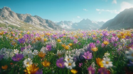 Fototapeta premium Mountain meadow wildflowers sunny day