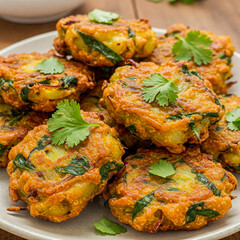 This image showcases a plate of crispy, golden-brown vegetable fritters garnished with fresh cilantro leaves. 