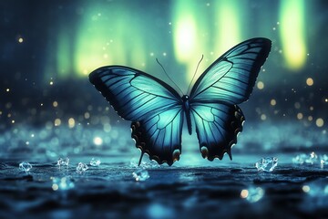 Elegant Blue Butterfly with Crystals in Magical Light Nature Scene