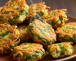 This image showcases a plate of crispy, golden-brown vegetable fritters garnished with fresh cilantro leaves. 