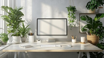 Modern workspace with computer, plants, and natural light creating a serene atmosphere