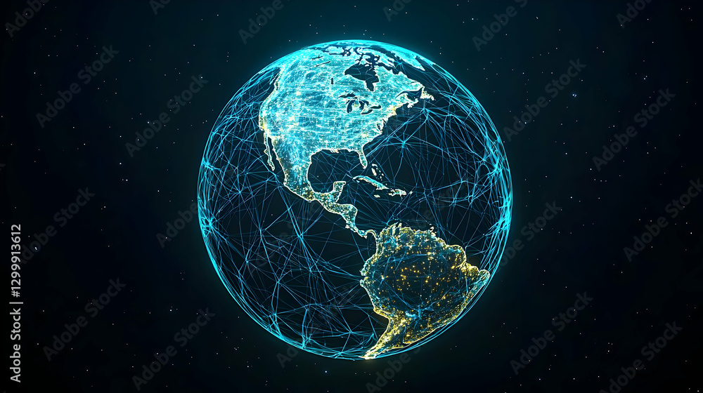 Poster digital globe depicting global data network with blue and yellow points against dark background