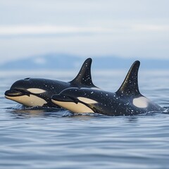 Obraz premium Two orcas swim through the sea with a beautiful background