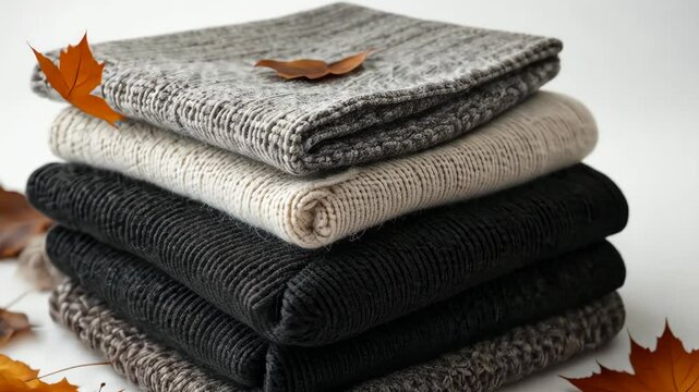 Cozy knitted scarves stacked on a surface with autumn leaves in a warm, inviting setting