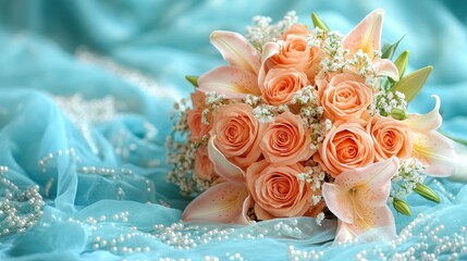 Fototapeta premium Peach roses and lilies wedding bouquet on teal fabric