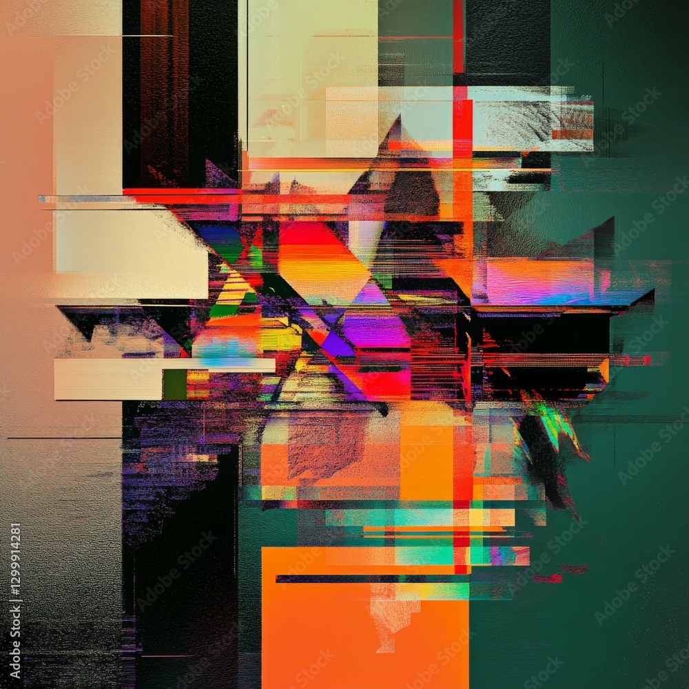 Aufkleber Abstract Composition with Geometric Shapes and Glitch Effects, Vibrant Palette and Textural Depth