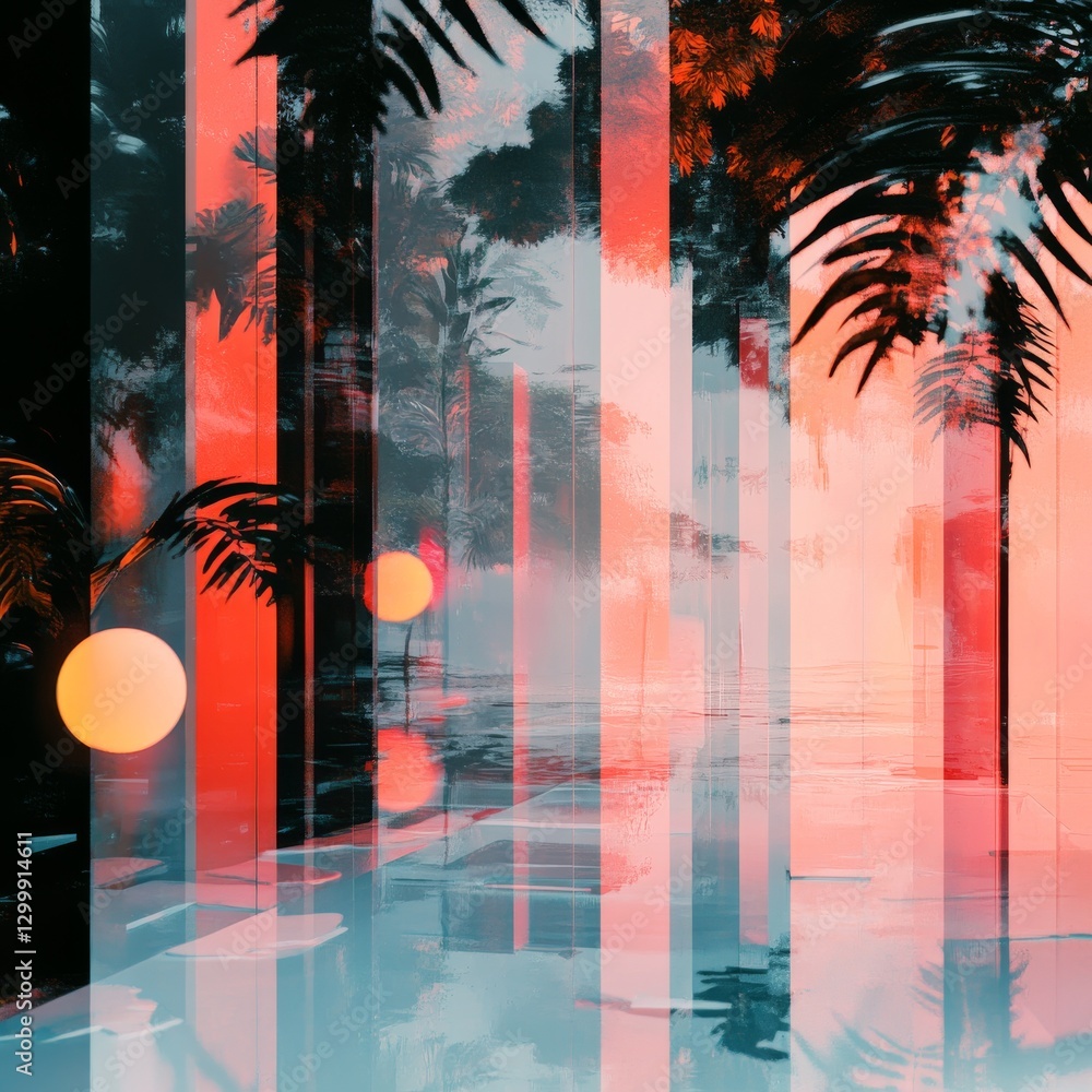 Poster abstract tropical glitch: vibrant palm trees and luminous spheres in a digitally distorted landscape
