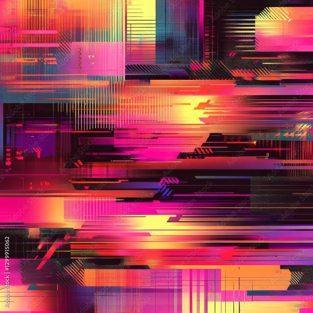 Aufkleber Neon Glitch: A Vibrant Abstract Composition of Angular Shapes, Linear Patterns, and Intense Color Gradients