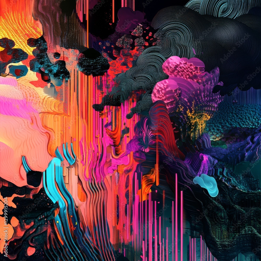 Aufkleber surreal dreamscape: a vibrant tapestry of abstract forms and intense colors in a glitch-inspired com