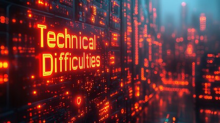 Realistic digital display featuring bold red "technical difficulties" error, blurred background, and troubleshooting icon for a colorful modern visual experience
