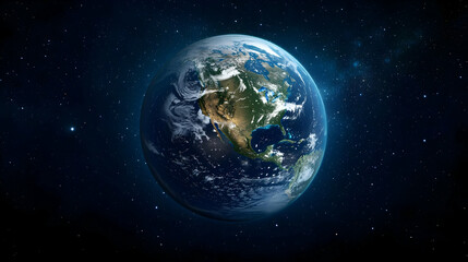 Blue And Green Earth Planet Floating In Space With Bright Stars In The Background