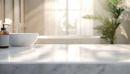 Obraz premium Bright Sunlight in Modern Bathroom with White Marble Countertop