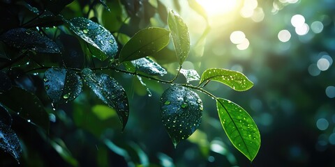 Lush, dew-kissed rainforest leaves catching the first rays of dawn