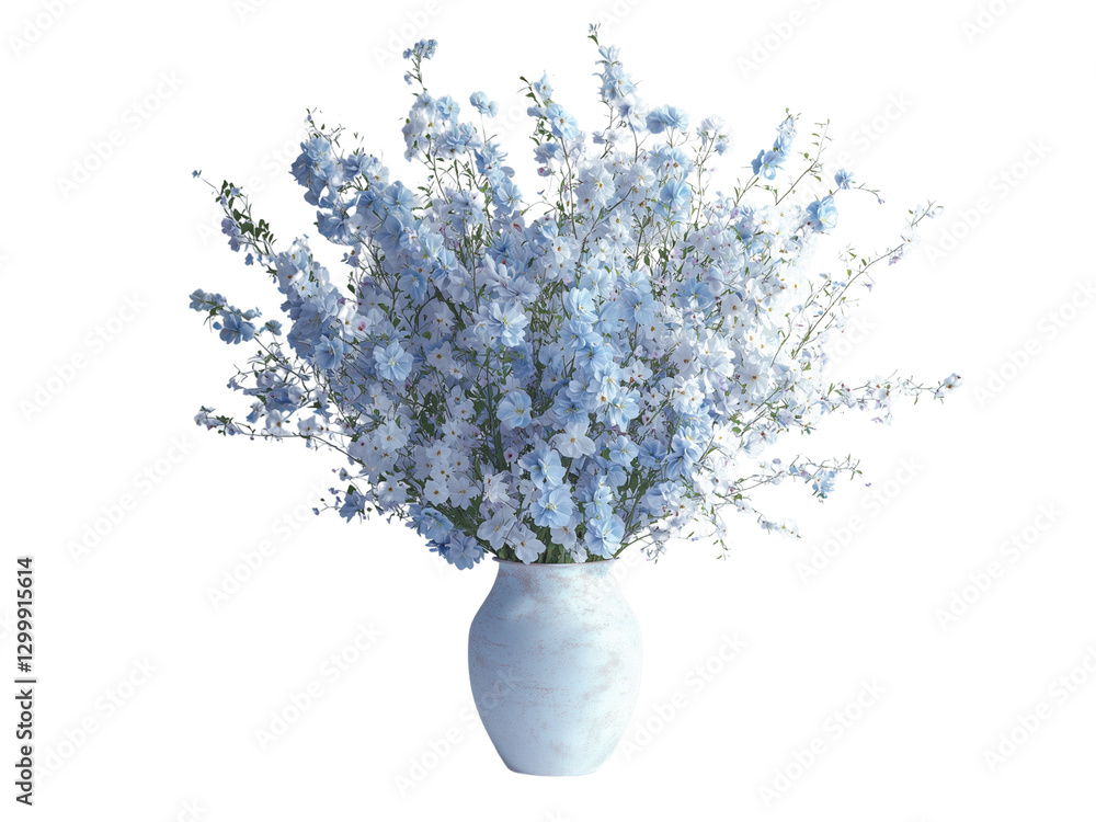 Poster a beautiful arrangement of pale blue delphiniums and baby’s breath in a simple vase, creating an ele