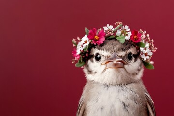 Cute baby animal sparrow wearing savage flower circlet on its head - symbol of sunny vacation time....