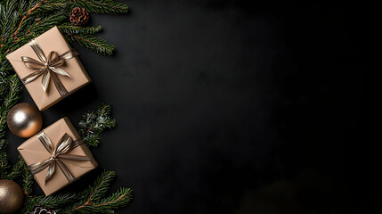 Festive Christmas Gifts With Golden Bows And Ornaments On Black Surface