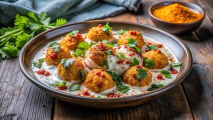 Crunchy dahi vada or bhalla served with yogurt and spices on a plate, garnished with chopped fresh cilantro and a sprinkle of cumin powder, vegetarian, lunch food