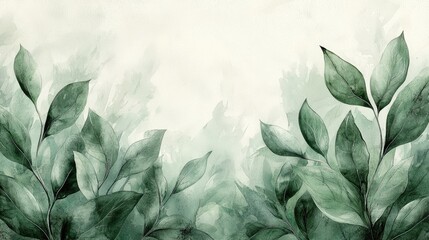 Lush Green Leaves Framing a Soft Watercolor Background with Subtle Hues for Design Use