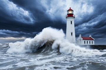 A massive wave crashing against a lighthouse, with storm clouds swirling above