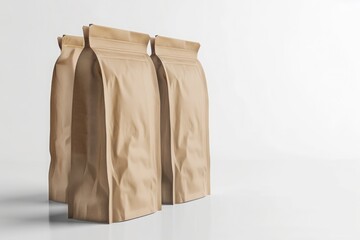 Fototapeta premium Three Brown Kraft Bags with Horizontal Sealed Tops on White Background