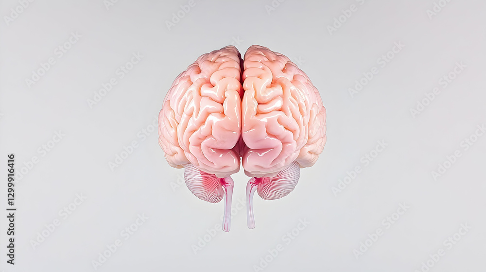 Poster realistic human brain rendered on a white background representing cognitive function