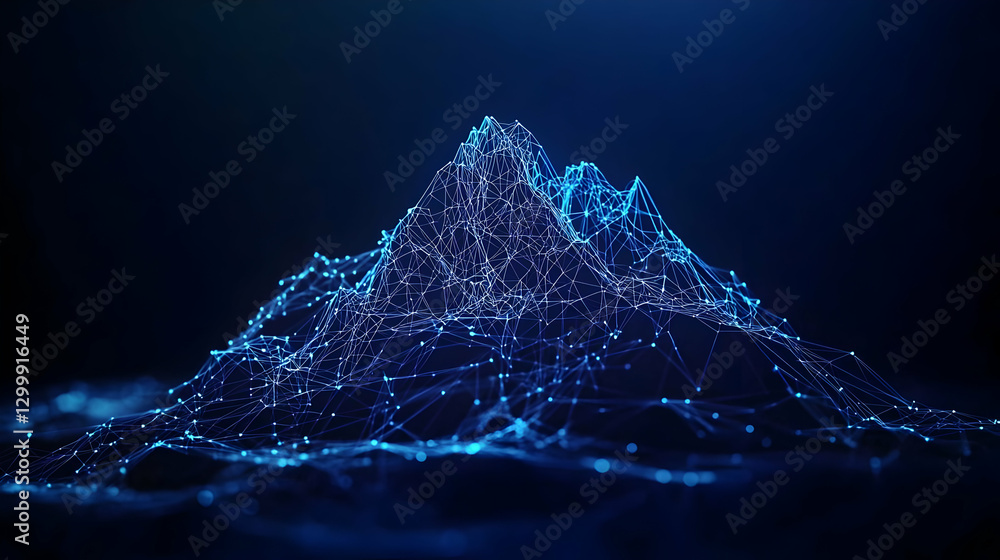 Poster abstract blue digital mountain-shaped data network with connected dots and lines on dark background