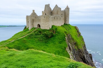 A medieval castle standing proudly on the tip of a misty peninsula
