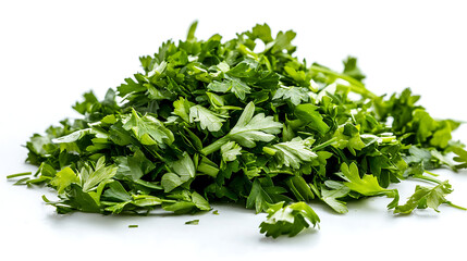 Fototapeta premium A pile of chopped parsley on a white background. generated using AI