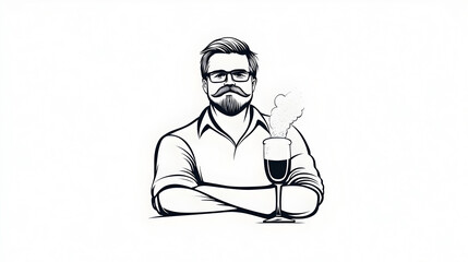 bartender with a mustache standing confidently behind a bar, featuring a beer tap and frothy mug sketch engraving generative ai raster illustration. Scratch