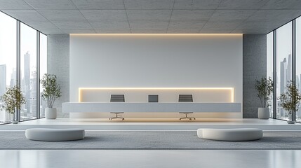 Modern office reception area with sleek furniture and city skyline view through large windows