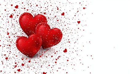 Two red hearts with spring flowers on a white background for romantic themes and decorations