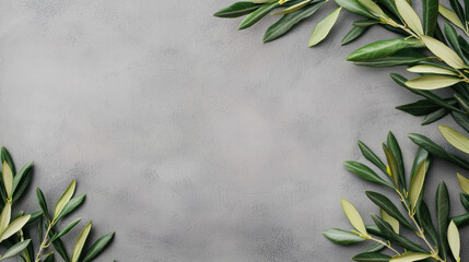 Green olive branches on a textured gray background.