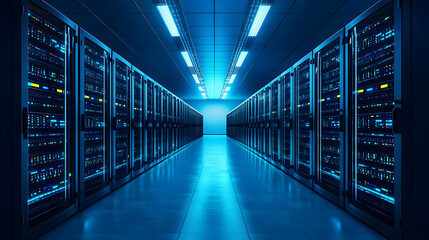 Obraz premium Blue Lit Data Center Server Racks With Digital Information And Modern Technology