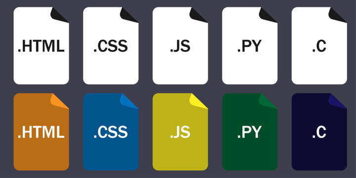 Collection of programming file format icons (HTML, CSS, JS, PY, C). Perfect for coding, web design, and development projects.