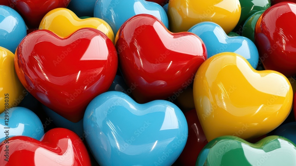 Poster collection of many colorful hearts in various sizes and designs on a white background