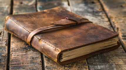 A rustic leather journal with a wrap-around strap resting on an aged wooden table, with an open area beside it for adding text or a logo.