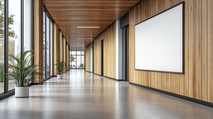 Obraz premium Modern interior corridor with wooden walls, large windows, and empty white board for presentations