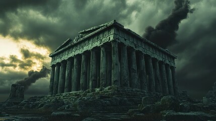 Obraz premium Apocalyptic Temple Ruins, Smoke, Greece, Disaster