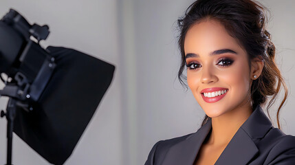 A woman is smiling and standing in front of a camera. generated using AI