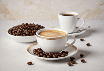 Fototapeta premium Close-up of a coffee cup with coffee beans on a Greek table