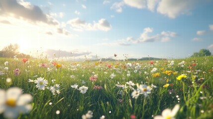 A field of soft green grass interrupted by wildflowers of every color, each petal catching the sunlight, with the clear sky above casting a peaceful ambiance across the entire scene, and the wind