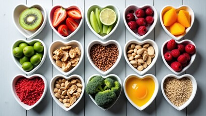 Naklejka premium Heart-Shaped Bowls Filled with Healthy Foods, A Colorful Culinary Collection