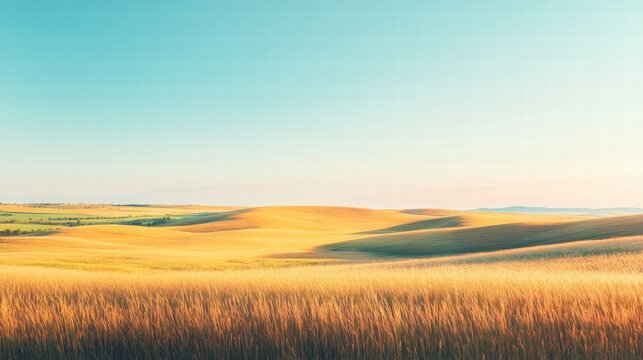 A vast, rolling field of golden grasses gently swaying in the breeze, the sunlight casting warm highlights over the scene, and the sky above providing a perfect, unbroken stretch of blue, adding