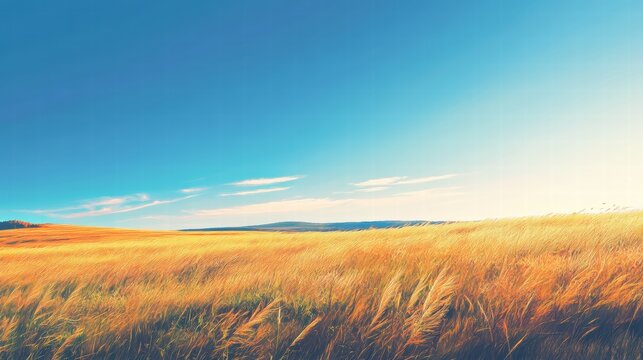 A sweeping field of tall, waving grasses gently moving with the wind, the sunlight casting detailed, realistic shadows over the terrain, and the sky above a bright, clear blue with no clouds in sight - Powered by Adobe